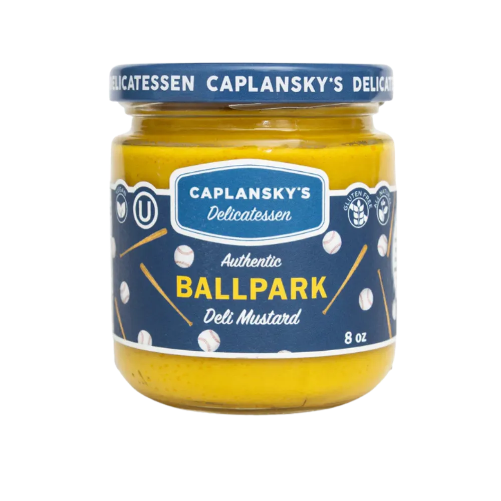 Large Jar of Caplansky's Ballpark mustard with navy label