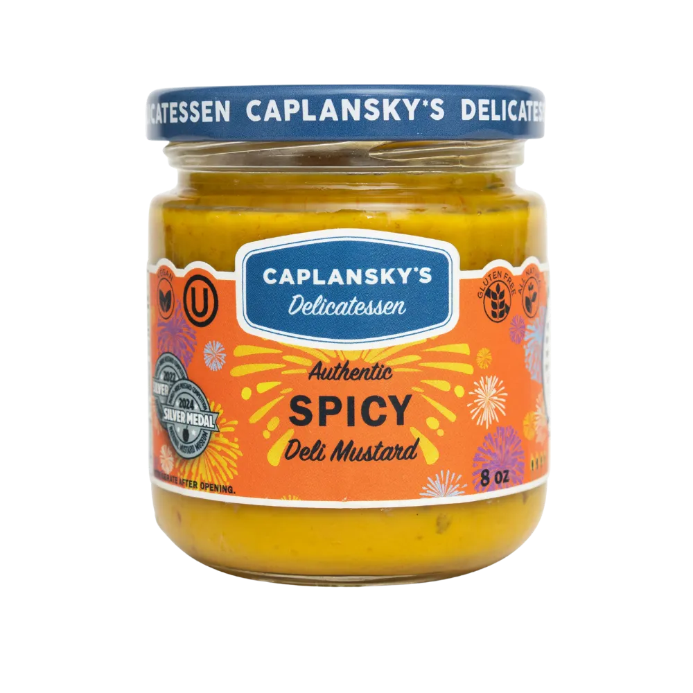 Large Jar of Caplansky's Spicy mustard with orange label
